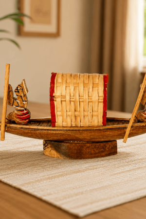 Handmade Wooden Boat Showpiece with Bamboo Basket | Traditional Wooden Home Decor