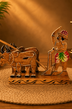 Wooden Farmer and Oxen Figurine Handcraft