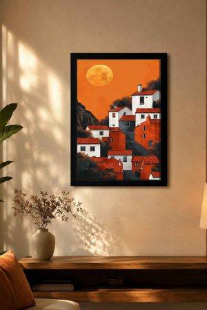 Moonlit Village Wall Art with Black Frame – Modern Landscape Ready-Made Framed Decor