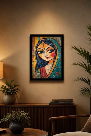Traditional Indian Woman Portrait Wall Art with Black Frame | Premium Ready-Made Wall Decor